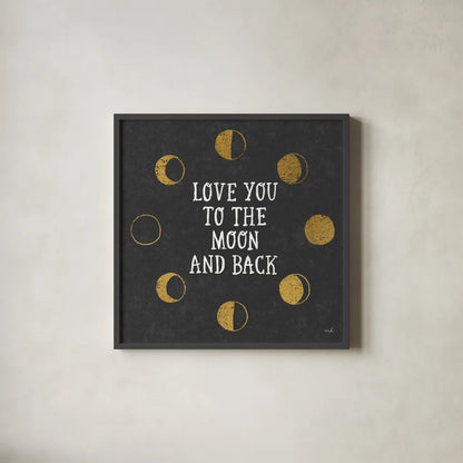 To the Moon Black by Moira Hershey. Shown in a sleek black glass frame for a contemporary gallery look. Available as an archival giclee rolled canvas, fine art paper, or poster print. SKU 17152a.