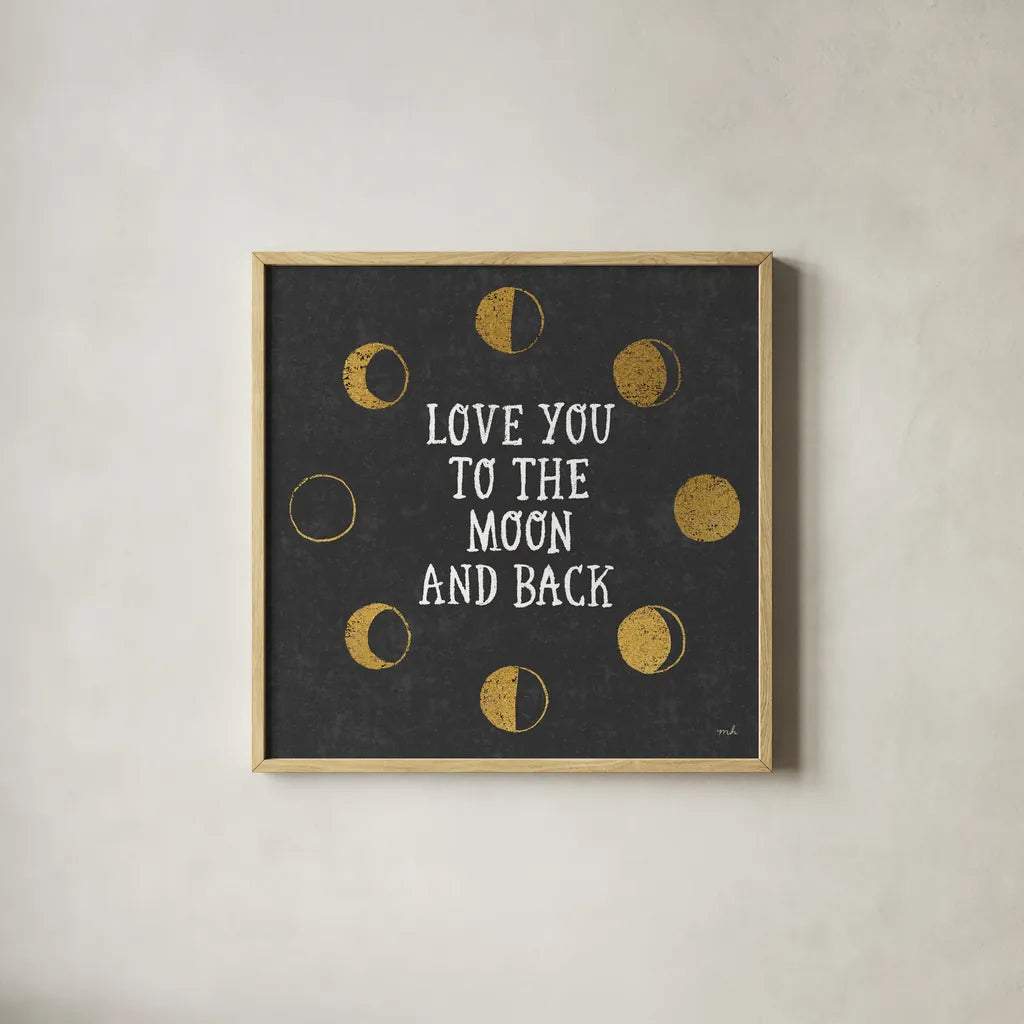 To the Moon Black by Moira Hershey. Shown in a natural wood glass frame for a timeless modern aesthetic. Available as an archival giclee rolled canvas, fine art paper, or poster print. SKU 17152a.