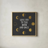To the Moon Black by Moira Hershey. Shown in a natural wood glass frame for a timeless modern aesthetic. Available as an archival giclee rolled canvas, fine art paper, or poster print. SKU 17152a.