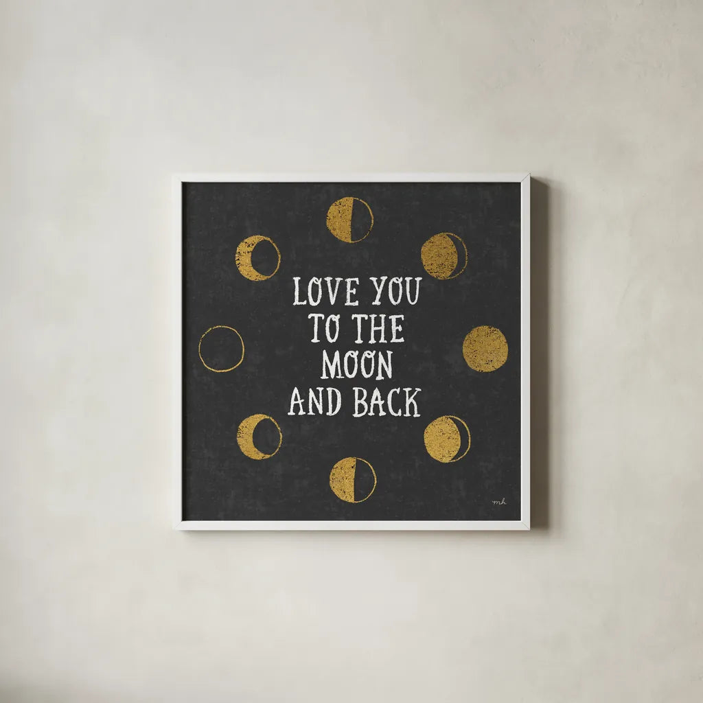 To the Moon Black by Moira Hershey. Shown in a crisp white glass frame for a clean and minimalist style. Available as an archival giclee rolled canvas, fine art paper, or poster print. SKU 17152a.