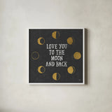 To the Moon Black by Moira Hershey. Shown in a crisp white glass frame for a clean and minimalist style. Available as an archival giclee rolled canvas, fine art paper, or poster print. SKU 17152a.