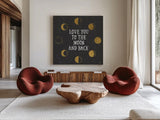 To the Moon Black by Moira Hershey. Shown as extra-large giant wall art in a modern living room. Available as an archival giclee rolled canvas, fine art paper, or poster print. SKU 17152a.