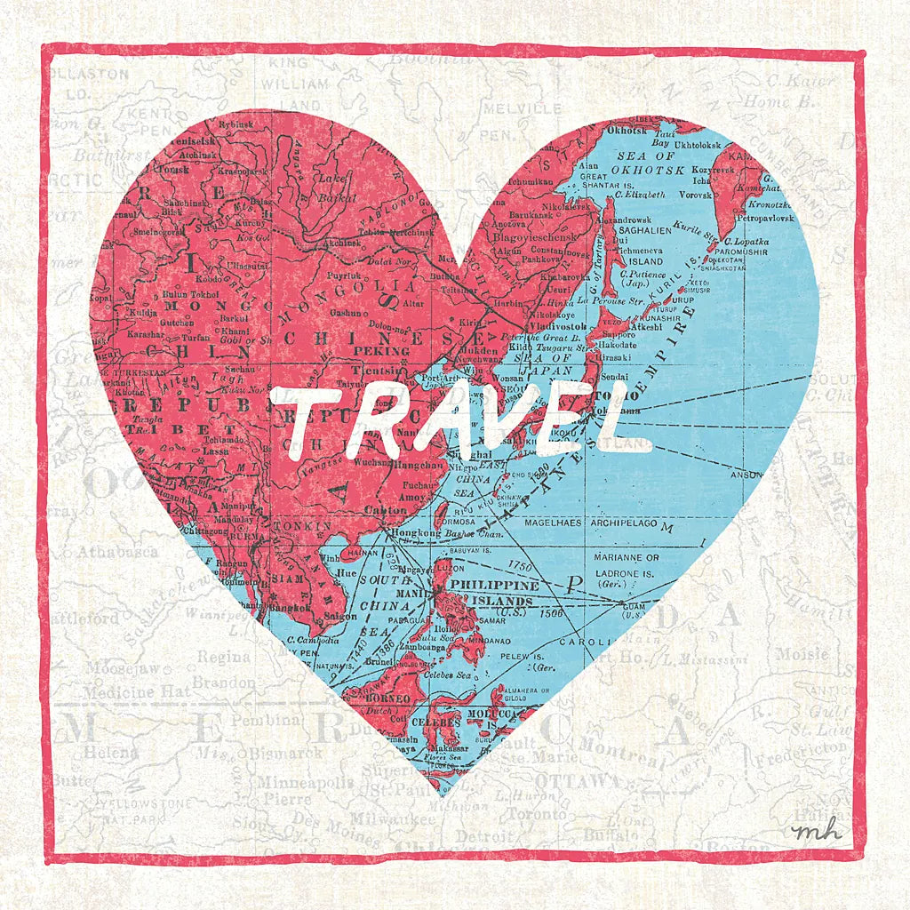 Travel Map by Moira Hershey. SKU 13619a. Archival Giclee Fine art print for wall decor.