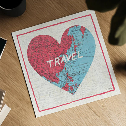 Travel Map by Moira Hershey. Shown as a detailed flat fine art print, highlighting archival giclee quality. Available as an archival giclee rolled canvas, fine art paper, or poster print. SKU 13619a.