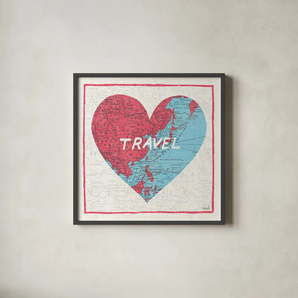 Travel Map by Moira Hershey. Shown in a sleek black glass frame for a contemporary gallery look. Available as an archival giclee rolled canvas, fine art paper, or poster print. SKU 13619a.