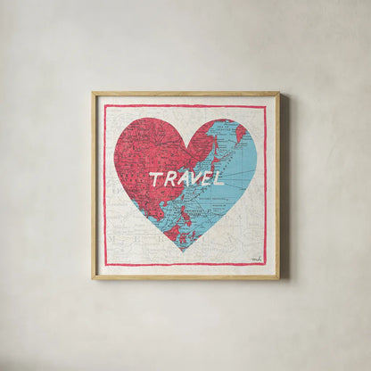 Travel Map by Moira Hershey. Shown in a natural wood glass frame for a timeless modern aesthetic. Available as an archival giclee rolled canvas, fine art paper, or poster print. SKU 13619a.