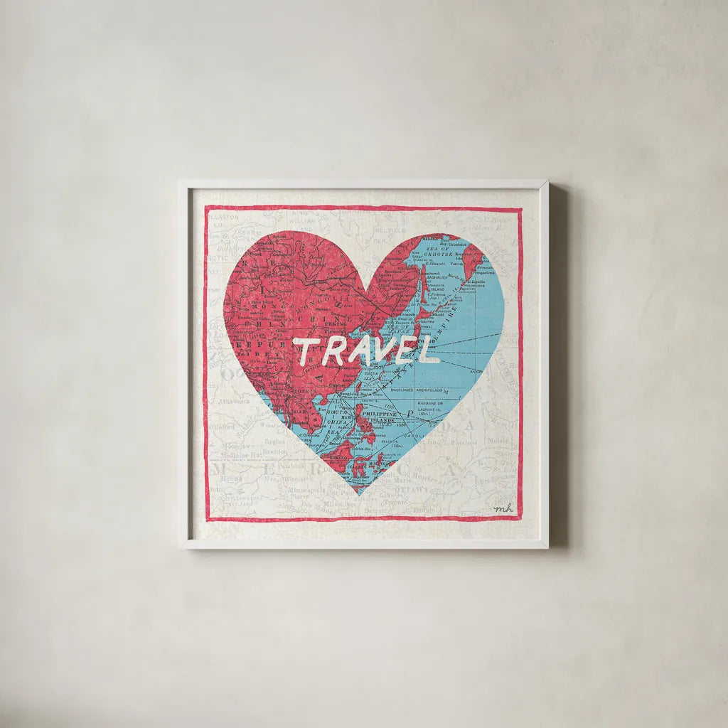 Travel Map by Moira Hershey. Shown in a crisp white glass frame for a clean and minimalist style. Available as an archival giclee rolled canvas, fine art paper, or poster print. SKU 13619a.