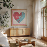 Travel Map by Moira Hershey. Shown in a natural wood frame in a cozy modern living room. Available as an archival giclee rolled canvas, fine art paper, or poster print. SKU 13619a.