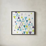 Triangle Tumble I by Moira Hershey. Shown in a sleek black glass frame for a contemporary gallery look. Available as an archival giclee rolled canvas, fine art paper, or poster print. SKU 20031a.