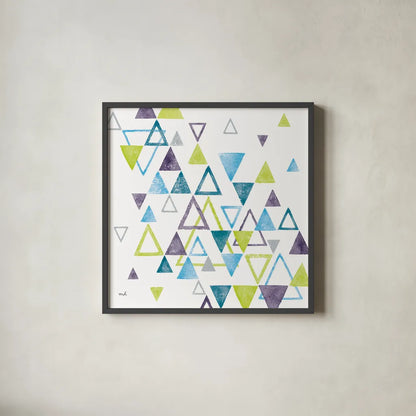 Triangle Tumble I by Moira Hershey. Shown in a sleek black glass frame for a contemporary gallery look. Available as an archival giclee rolled canvas, fine art paper, or poster print. SKU 20031a.