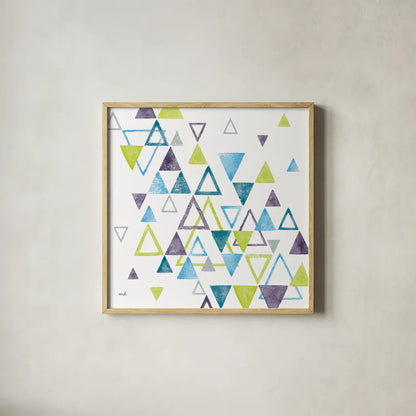 Triangle Tumble I by Moira Hershey. Shown in a natural wood glass frame for a timeless modern aesthetic. Available as an archival giclee rolled canvas, fine art paper, or poster print. SKU 20031a.