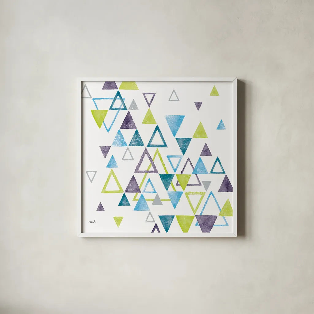Triangle Tumble I by Moira Hershey. Shown in a crisp white glass frame for a clean and minimalist style. Available as an archival giclee rolled canvas, fine art paper, or poster print. SKU 20031a.