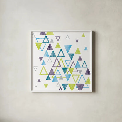 Triangle Tumble I by Moira Hershey. Shown in a crisp white glass frame for a clean and minimalist style. Available as an archival giclee rolled canvas, fine art paper, or poster print. SKU 20031a.