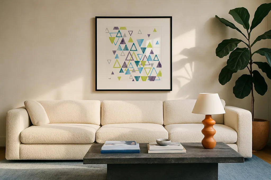 Triangle Tumble I by Moira Hershey. Displayed in a glass frame with matte in a clean modern living room. Available as an archival giclee rolled canvas, fine art paper, or poster print. SKU 20031a.