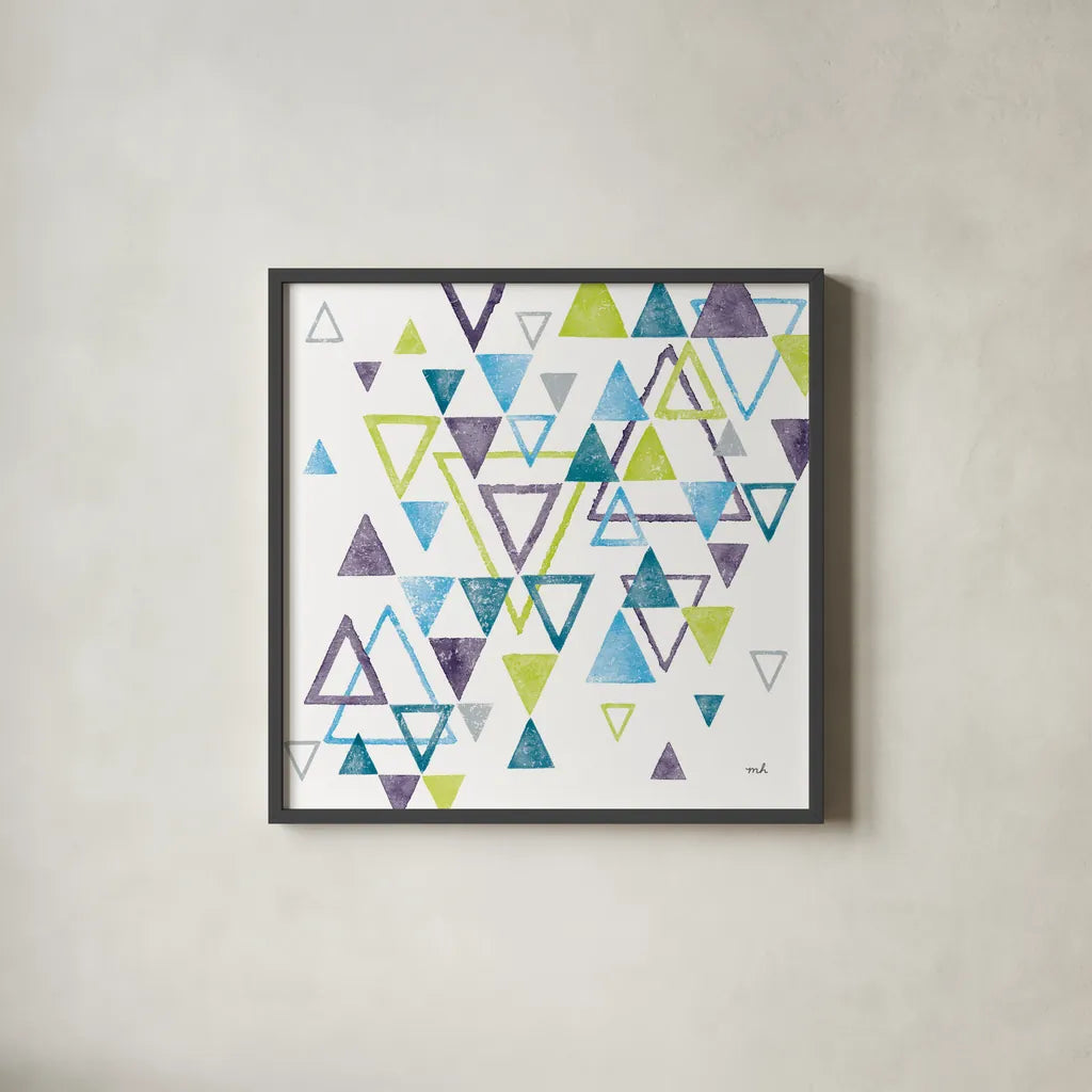 Triangle Tumble II by Moira Hershey. Shown in a sleek black glass frame for a contemporary gallery look. Available as an archival giclee rolled canvas, fine art paper, or poster print. SKU 20032a.