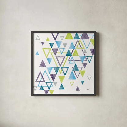 Triangle Tumble II by Moira Hershey. Shown in a sleek black glass frame for a contemporary gallery look. Available as an archival giclee rolled canvas, fine art paper, or poster print. SKU 20032a.
