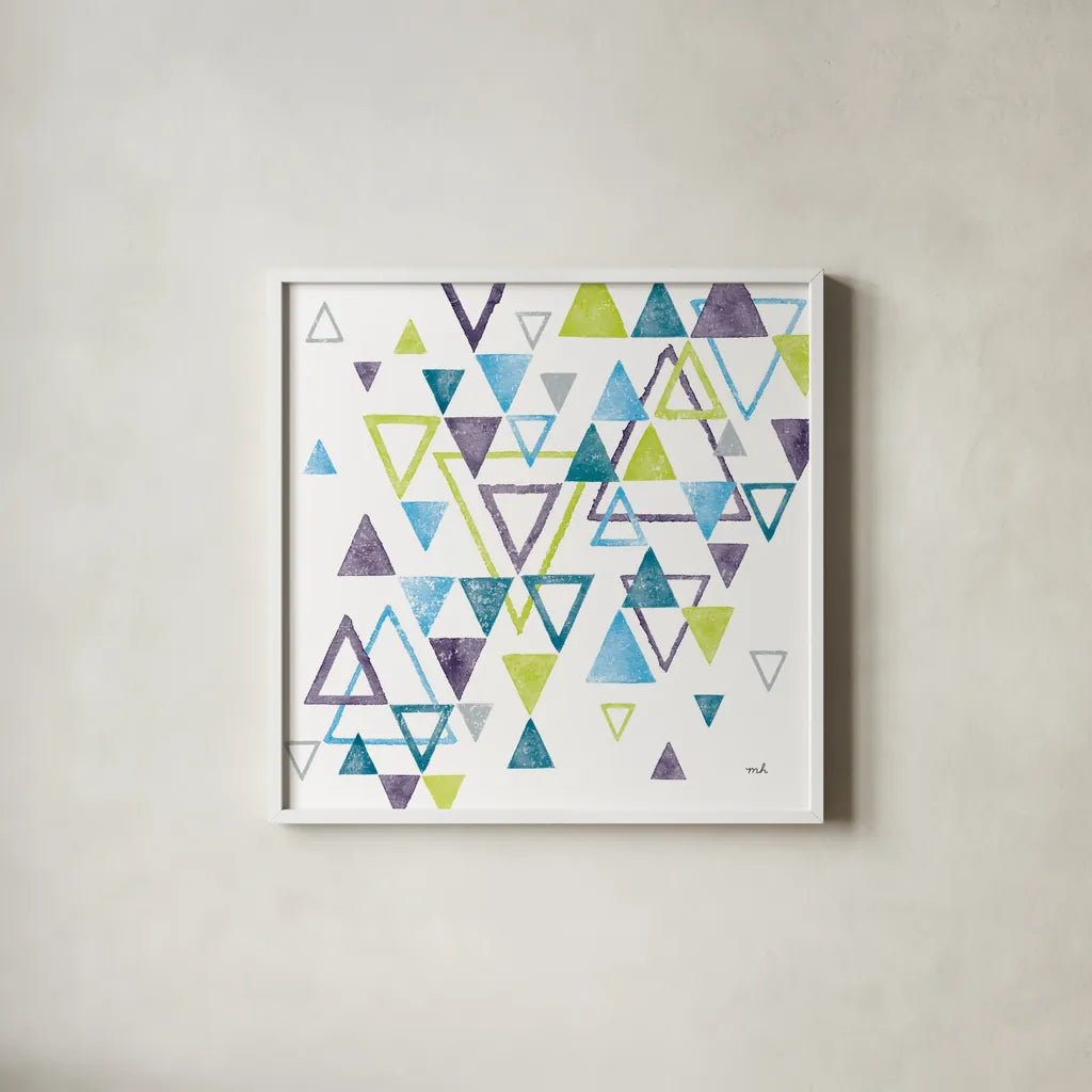 Triangle Tumble II by Moira Hershey. Shown in a crisp white glass frame for a clean and minimalist style. Available as an archival giclee rolled canvas, fine art paper, or poster print. SKU 20032a.