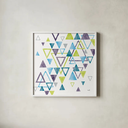 Triangle Tumble II by Moira Hershey. Shown in a crisp white glass frame for a clean and minimalist style. Available as an archival giclee rolled canvas, fine art paper, or poster print. SKU 20032a.