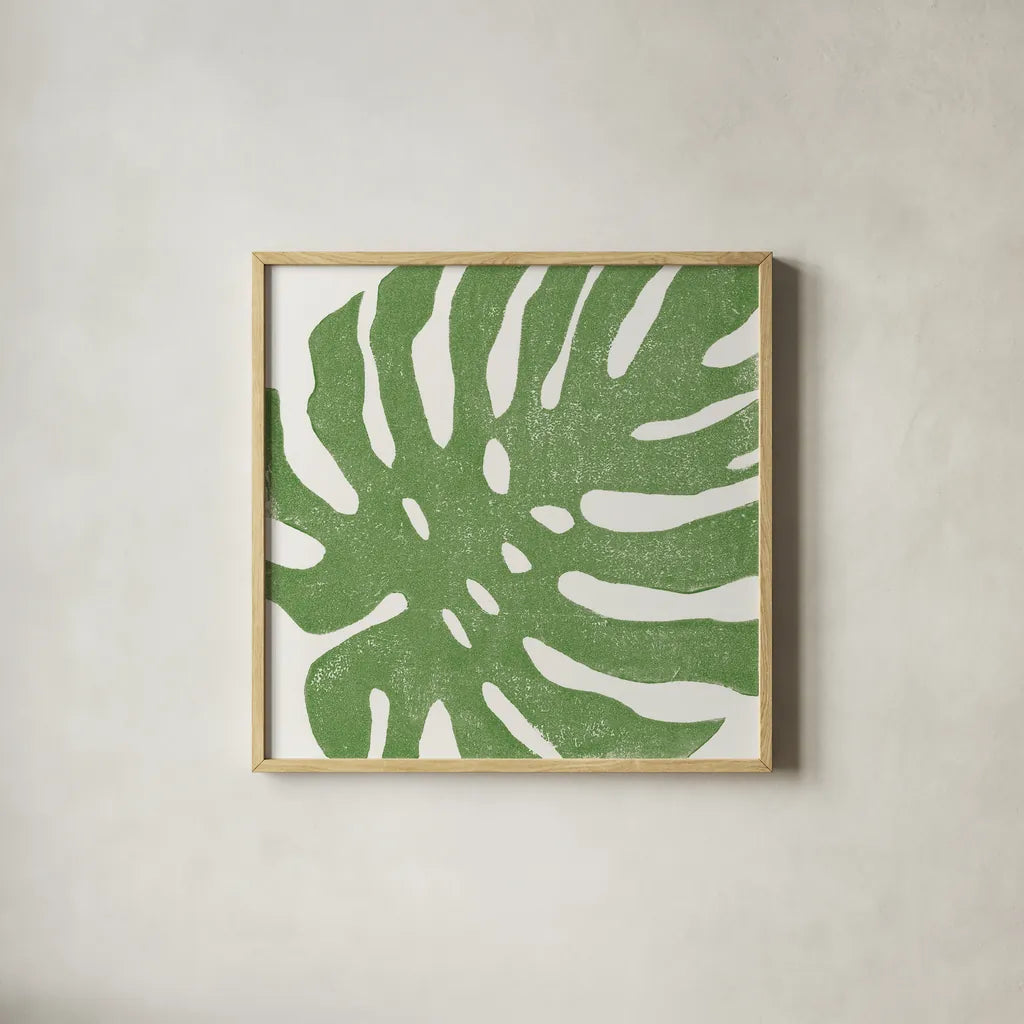 Tropical Treasures I by Moira Hershey. Shown in a natural wood glass frame for a timeless modern aesthetic. Available as an archival giclee rolled canvas, fine art paper, or poster print. SKU 54941a.