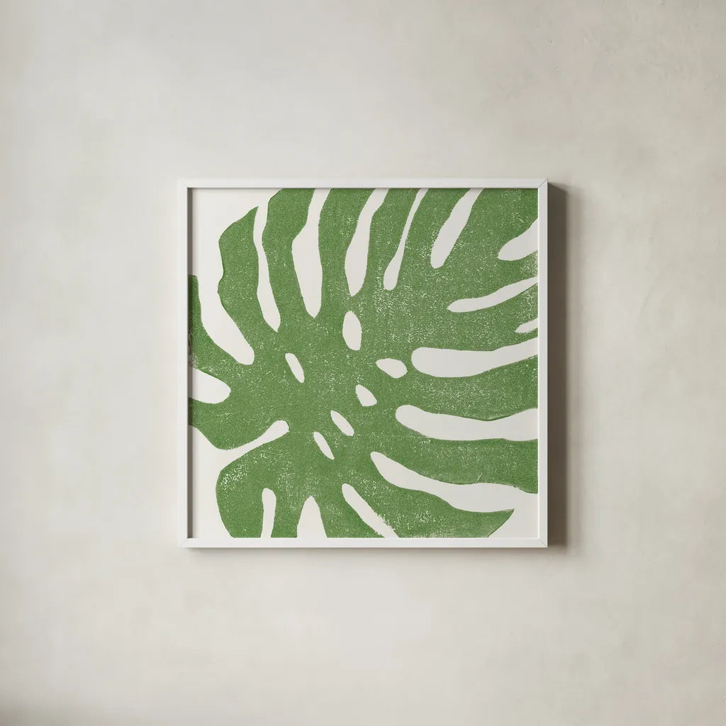 Tropical Treasures I by Moira Hershey. Shown in a crisp white glass frame for a clean and minimalist style. Available as an archival giclee rolled canvas, fine art paper, or poster print. SKU 54941a.