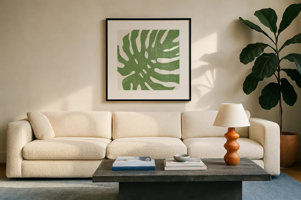 Tropical Treasures I by Moira Hershey. Displayed in a glass frame with matte in a clean modern living room. Available as an archival giclee rolled canvas, fine art paper, or poster print. SKU 54941a.