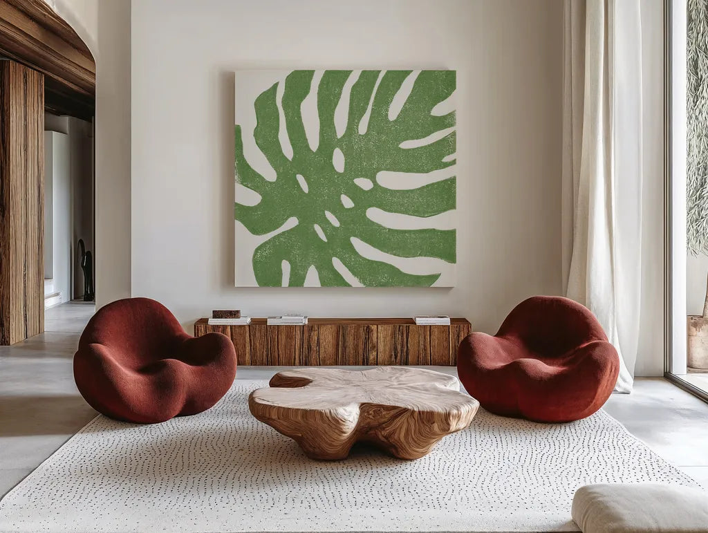 Tropical Treasures I by Moira Hershey. Shown as extra-large giant wall art in a modern living room. Available as an archival giclee rolled canvas, fine art paper, or poster print. SKU 54941a.