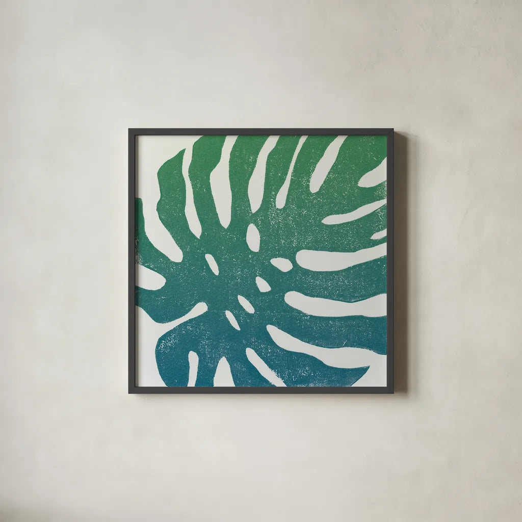 Tropical Treasures I Blue Green by Moira Hershey. Shown in a sleek black glass frame for a contemporary gallery look. Available as an archival giclee rolled canvas, fine art paper, or poster print. SKU 56367a.