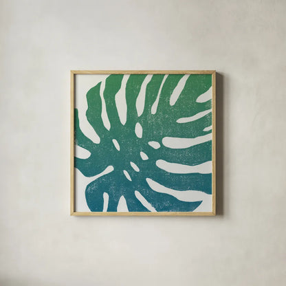Tropical Treasures I Blue Green by Moira Hershey. Shown in a natural wood glass frame for a timeless modern aesthetic. Available as an archival giclee rolled canvas, fine art paper, or poster print. SKU 56367a.