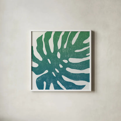Tropical Treasures I Blue Green by Moira Hershey. Shown in a crisp white glass frame for a clean and minimalist style. Available as an archival giclee rolled canvas, fine art paper, or poster print. SKU 56367a.