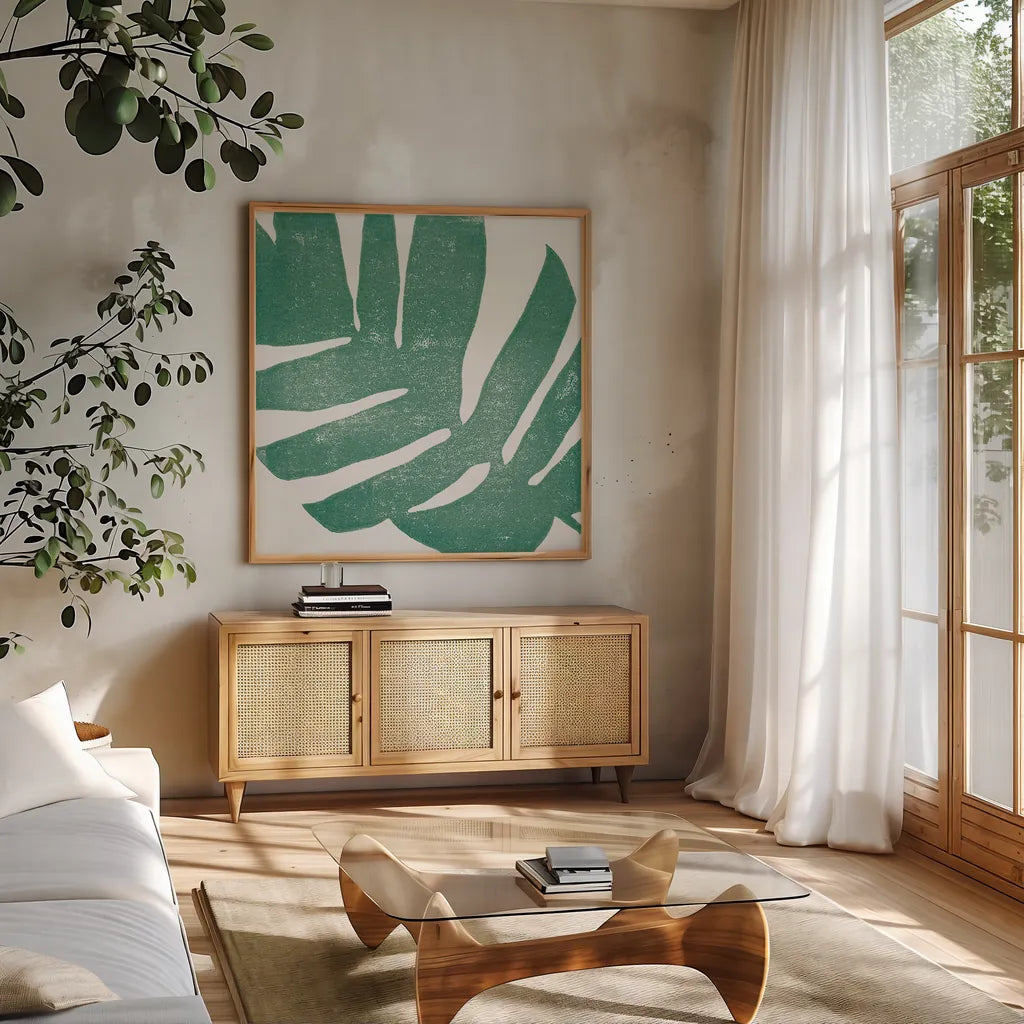 Tropical Treasures II by Moira Hershey. Shown in a natural wood frame in a cozy modern living room. Available as an archival giclee rolled canvas, fine art paper, or poster print. SKU 54942a.