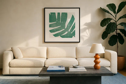 Tropical Treasures II by Moira Hershey. Displayed in a glass frame with matte in a clean modern living room. Available as an archival giclee rolled canvas, fine art paper, or poster print. SKU 54942a.