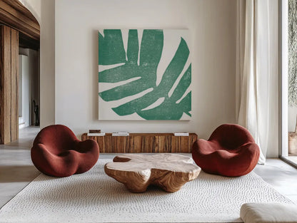 Tropical Treasures II by Moira Hershey. Shown as extra-large giant wall art in a modern living room. Available as an archival giclee rolled canvas, fine art paper, or poster print. SKU 54942a.