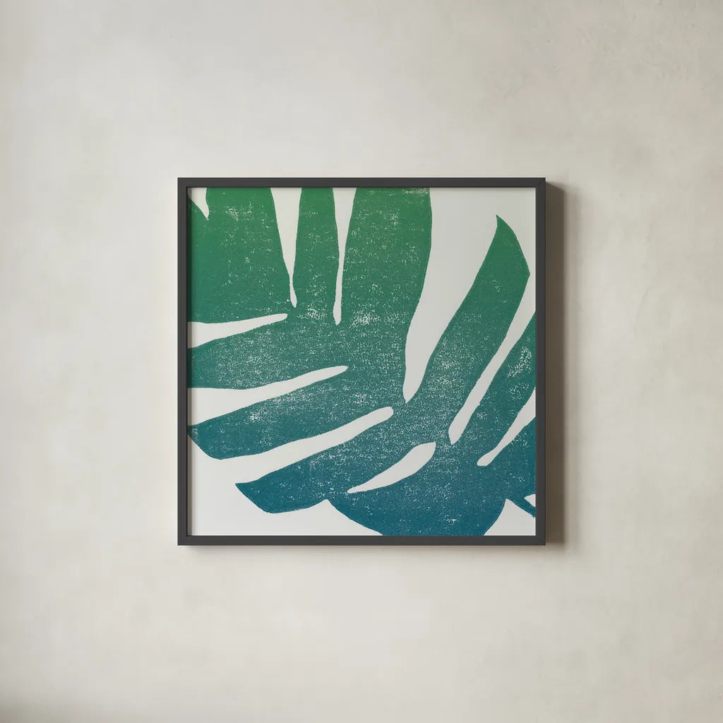 Tropical Treasures II Blue Green by Moira Hershey. Shown in a sleek black glass frame for a contemporary gallery look. Available as an archival giclee rolled canvas, fine art paper, or poster print. SKU 56368a.