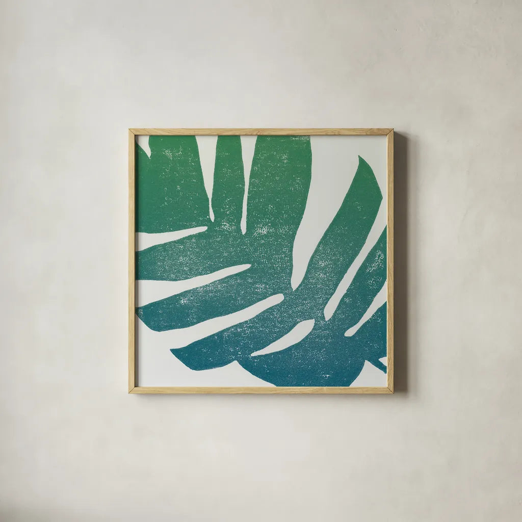Tropical Treasures II Blue Green by Moira Hershey. Shown in a natural wood glass frame for a timeless modern aesthetic. Available as an archival giclee rolled canvas, fine art paper, or poster print. SKU 56368a.
