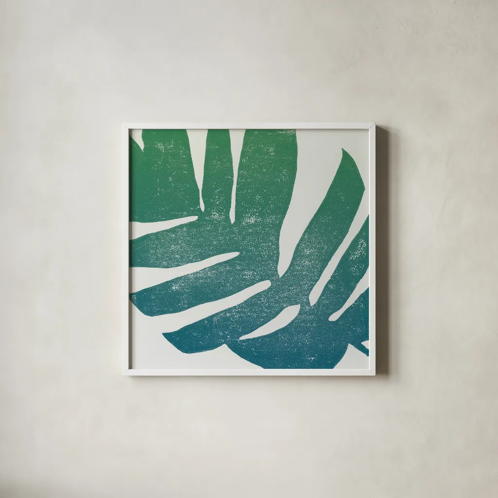 Tropical Treasures II Blue Green by Moira Hershey. Shown in a crisp white glass frame for a clean and minimalist style. Available as an archival giclee rolled canvas, fine art paper, or poster print. SKU 56368a.