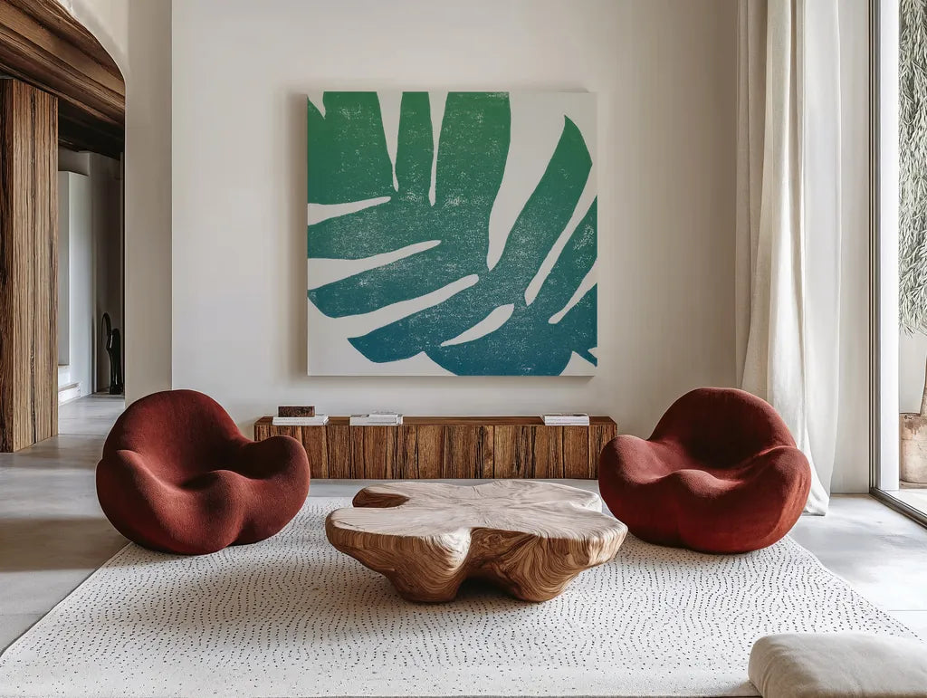 Tropical Treasures II Blue Green by Moira Hershey. Shown as extra-large giant wall art in a modern living room. Available as an archival giclee rolled canvas, fine art paper, or poster print. SKU 56368a.