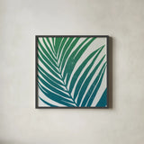 Tropical Treasures III Blue Green by Moira Hershey. Shown in a sleek black glass frame for a contemporary gallery look. Available as an archival giclee rolled canvas, fine art paper, or poster print. SKU 56369a.