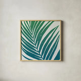 Tropical Treasures III Blue Green by Moira Hershey. Shown in a natural wood glass frame for a timeless modern aesthetic. Available as an archival giclee rolled canvas, fine art paper, or poster print. SKU 56369a.