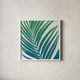 Tropical Treasures III Blue Green by Moira Hershey. Shown in a crisp white glass frame for a clean and minimalist style. Available as an archival giclee rolled canvas, fine art paper, or poster print. SKU 56369a.