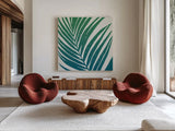 Tropical Treasures III Blue Green by Moira Hershey. Shown as extra-large giant wall art in a modern living room. Available as an archival giclee rolled canvas, fine art paper, or poster print. SKU 56369a.