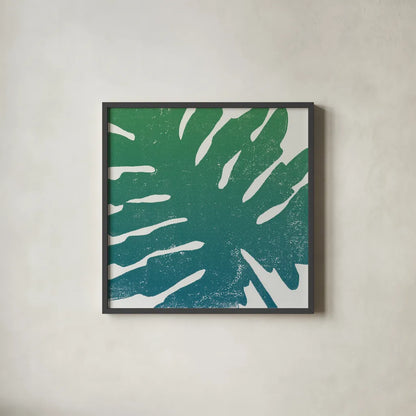 Tropical Treasures IV Blue Green by Moira Hershey. Shown in a sleek black glass frame for a contemporary gallery look. Available as an archival giclee rolled canvas, fine art paper, or poster print. SKU 56370a.