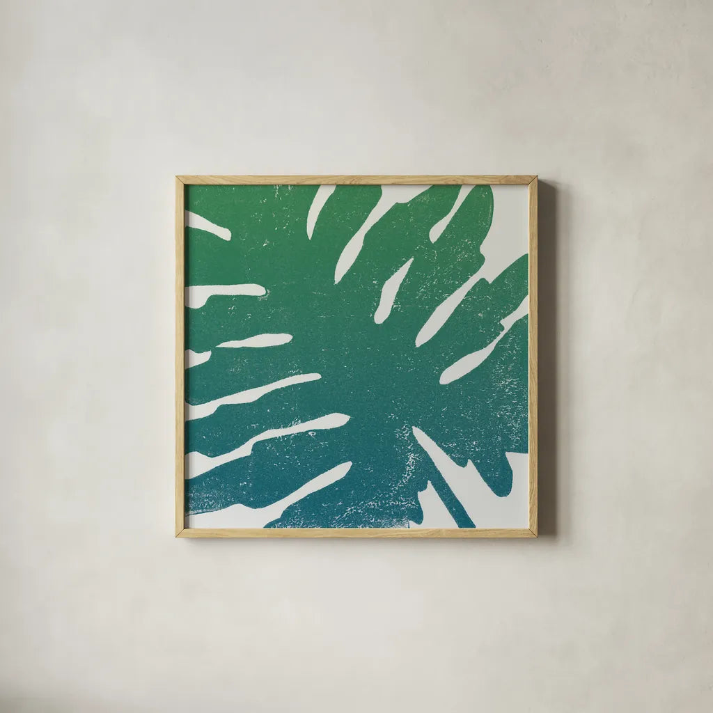 Tropical Treasures IV Blue Green by Moira Hershey. Shown in a natural wood glass frame for a timeless modern aesthetic. Available as an archival giclee rolled canvas, fine art paper, or poster print. SKU 56370a.