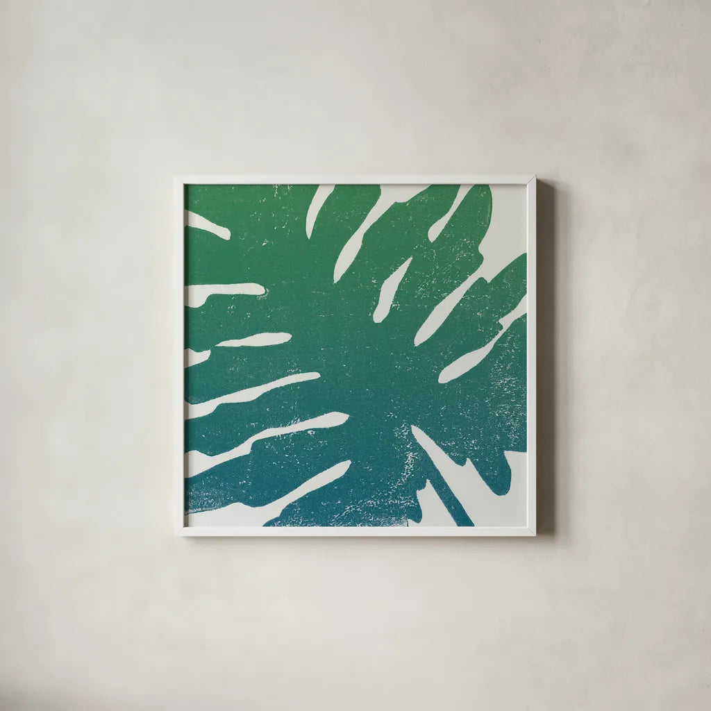 Tropical Treasures IV Blue Green by Moira Hershey. Shown in a crisp white glass frame for a clean and minimalist style. Available as an archival giclee rolled canvas, fine art paper, or poster print. SKU 56370a.