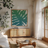 Tropical Treasures IV Blue Green by Moira Hershey. Shown in a natural wood frame in a cozy modern living room. Available as an archival giclee rolled canvas, fine art paper, or poster print. SKU 56370a.