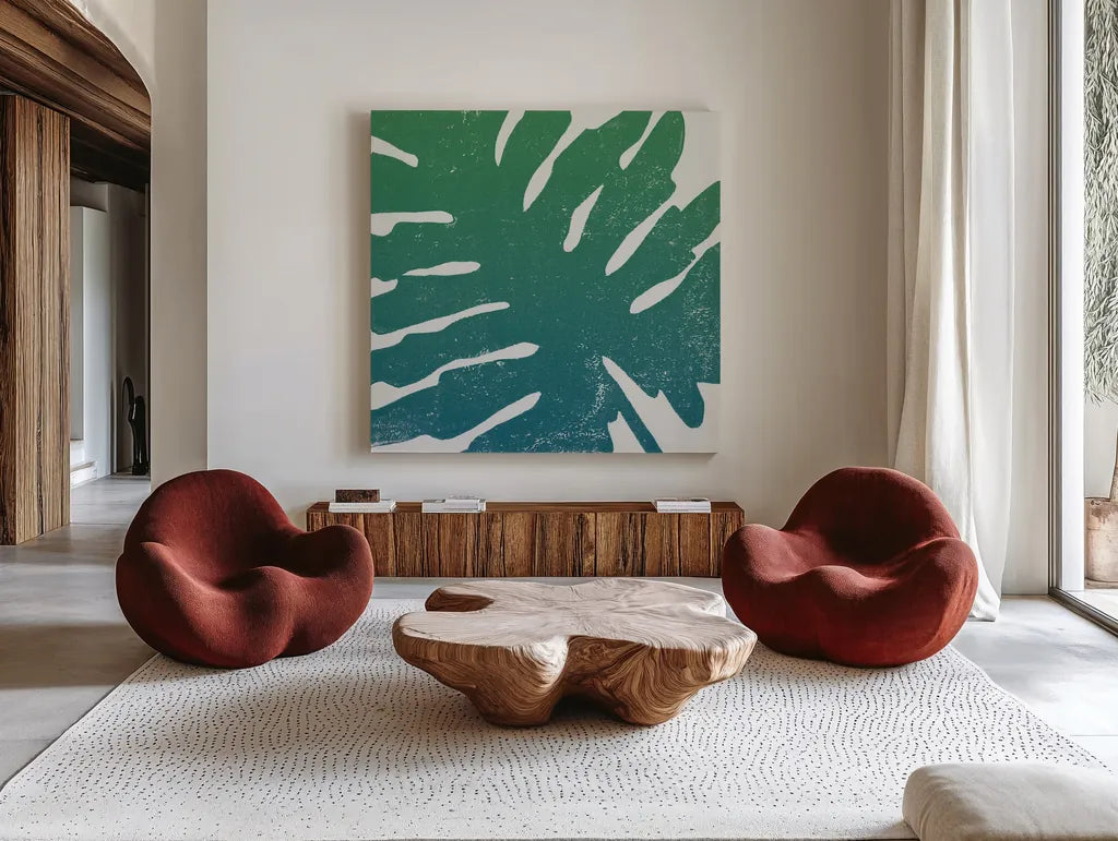 Tropical Treasures IV Blue Green by Moira Hershey. Shown as extra-large giant wall art in a modern living room. Available as an archival giclee rolled canvas, fine art paper, or poster print. SKU 56370a.