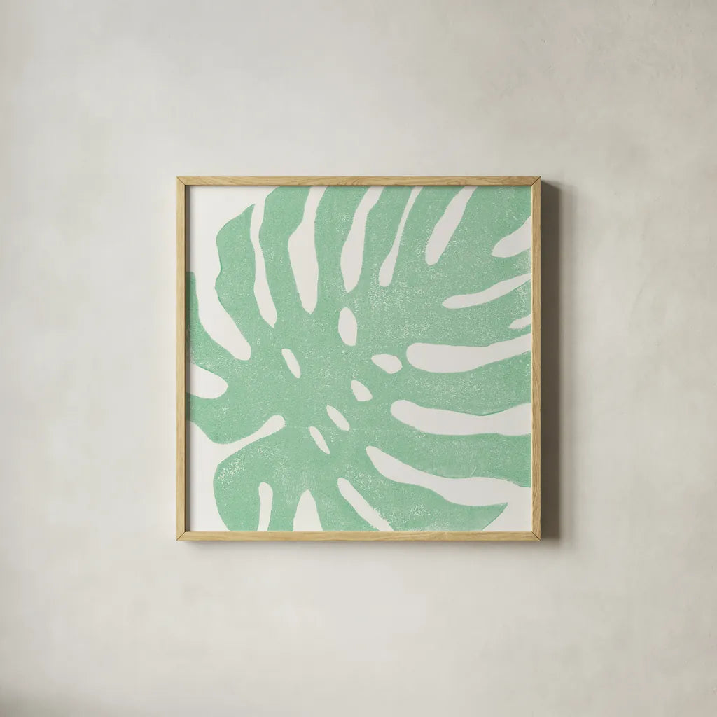 Tropical Treasures Pastel I by Moira Hershey. Shown in a natural wood glass frame for a timeless modern aesthetic. Available as an archival giclee rolled canvas, fine art paper, or poster print. SKU 54945a.