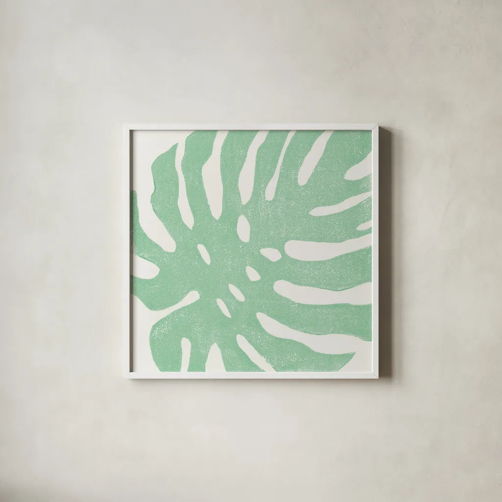 Tropical Treasures Pastel I by Moira Hershey. Shown in a crisp white glass frame for a clean and minimalist style. Available as an archival giclee rolled canvas, fine art paper, or poster print. SKU 54945a.