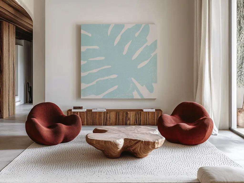 Tropical Treasures Pastel IV by Moira Hershey. Shown as extra-large giant wall art in a modern living room. Available as an archival giclee rolled canvas, fine art paper, or poster print. SKU 54948a.