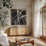 Tumbling Down II by Moira Hershey. Shown in a natural wood frame in a cozy modern living room. Available as an archival giclee rolled canvas, fine art paper, or poster print. SKU 68503a.