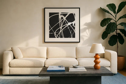 Tumbling Down II by Moira Hershey. Displayed in a glass frame with matte in a clean modern living room. Available as an archival giclee rolled canvas, fine art paper, or poster print. SKU 68503a.